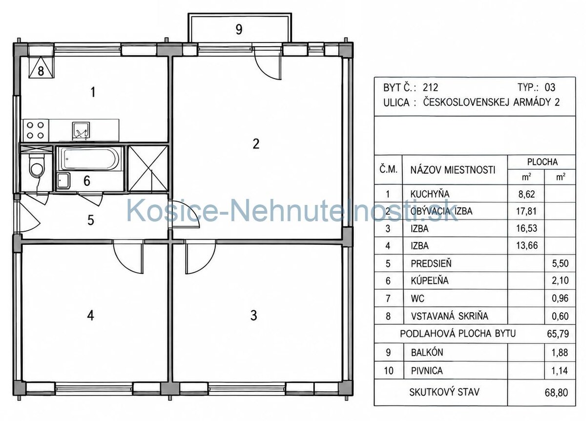 Predaj: 3-izbový tehlový byt 54 m2 s balkónom, pivnicou a výťahom, ul. ČSA – Košice I, Staré Mesto