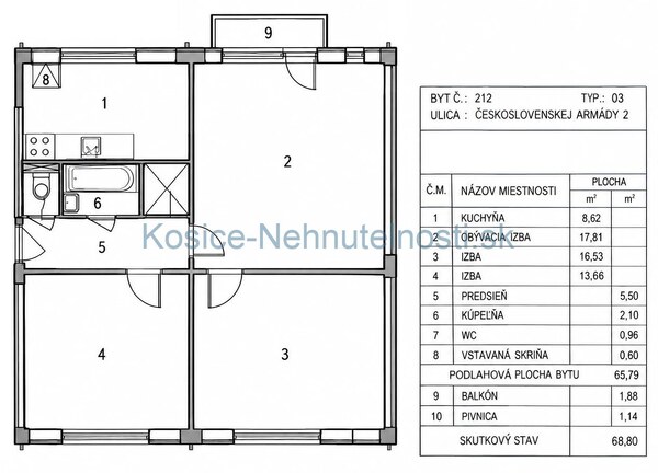 Predaj: 3-izbový tehlový byt 54 m2 s balkónom, pivnicou a výťahom, ul. ČSA – Košice I, Staré Mesto